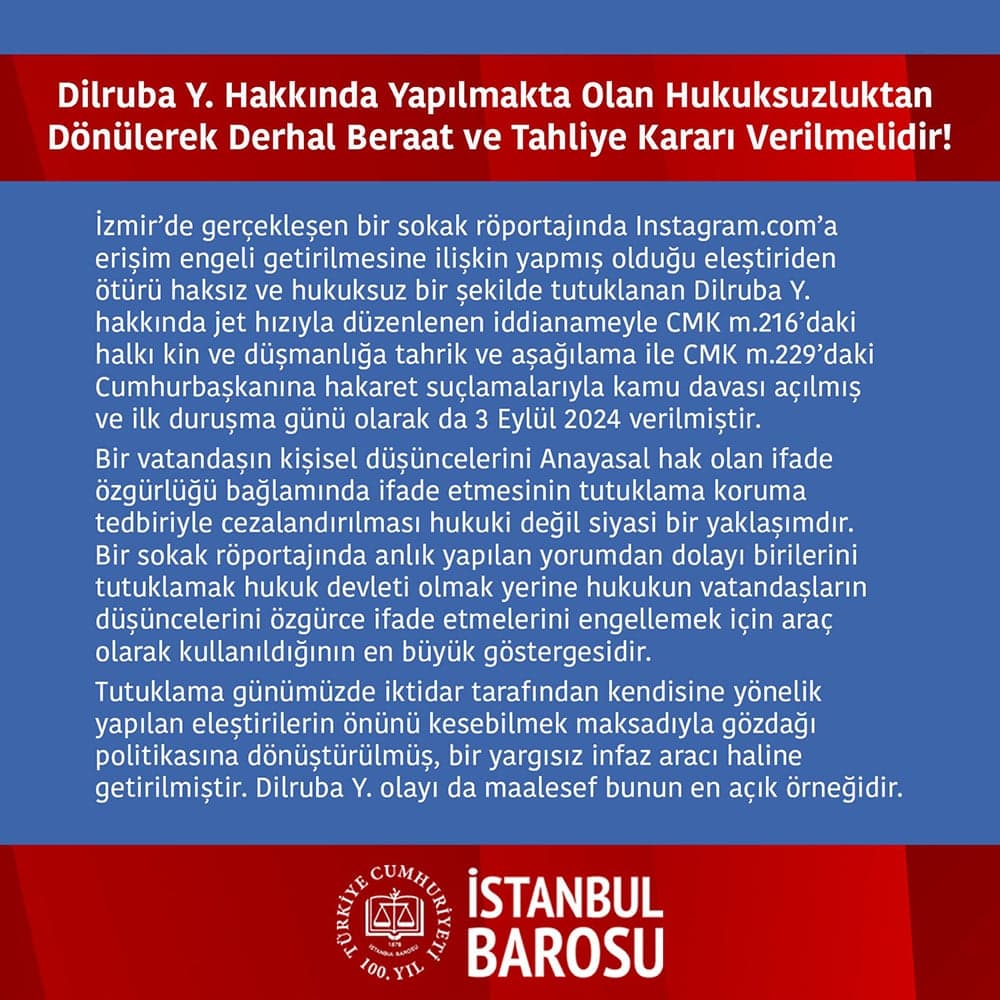 Dilruba Y. Hakkında Yapılmakta Olan Hukuksuzluktan Dönülerek Derhal Beraat ve Tahliye Kararı Verilmelidir!