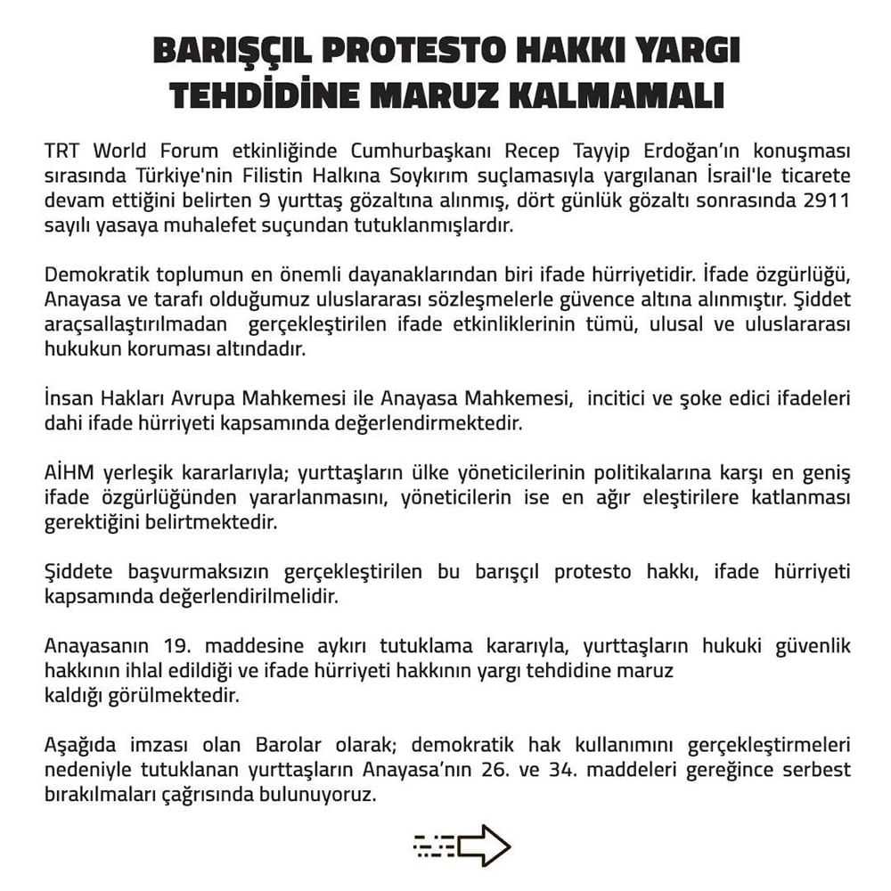 Barolardan Ortak Açıklama: Barışçıl Protesto Hakkı Yargı Tehdidine Maruz Kalmamalı - 1