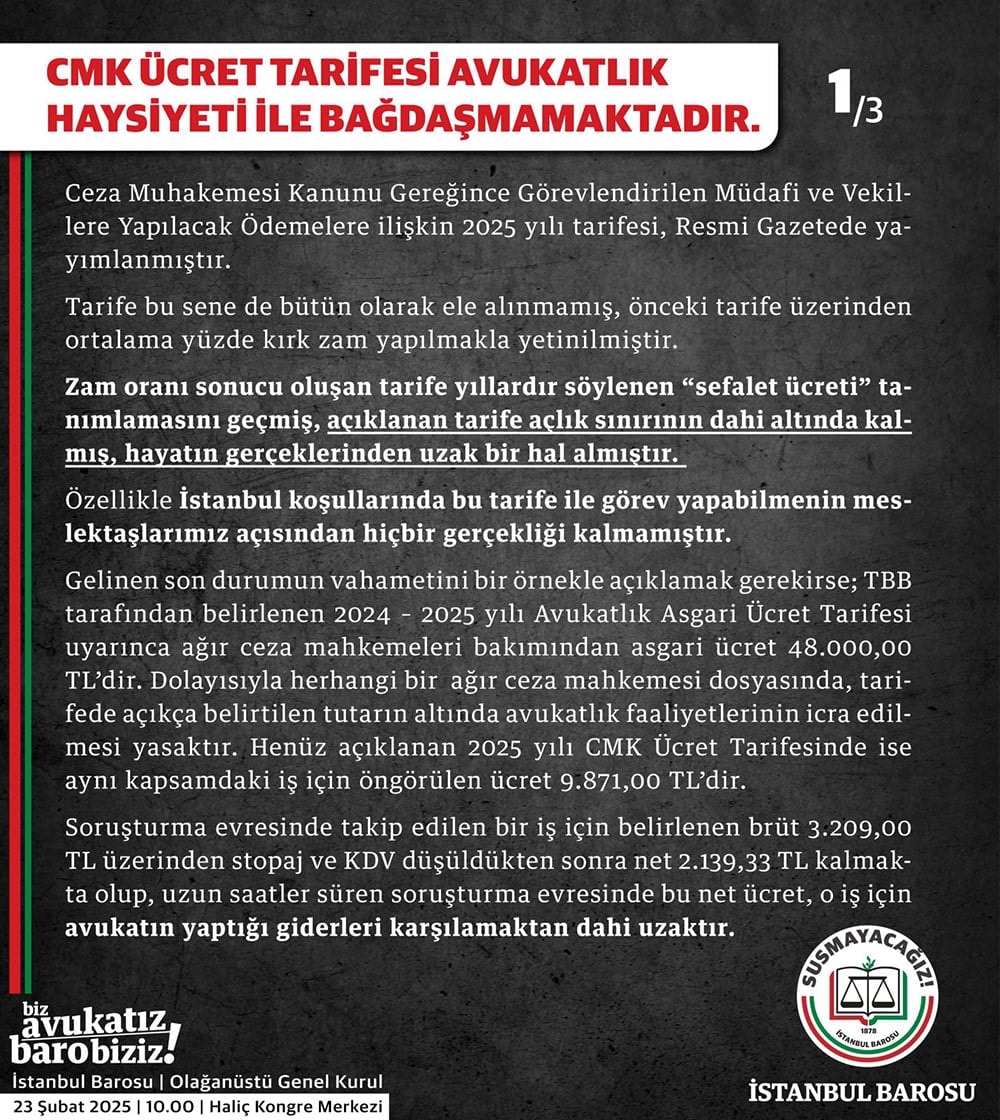 CMK Ücret Tarifesi Avukatlık Haysiyeti ile Bağdaşmamaktadır