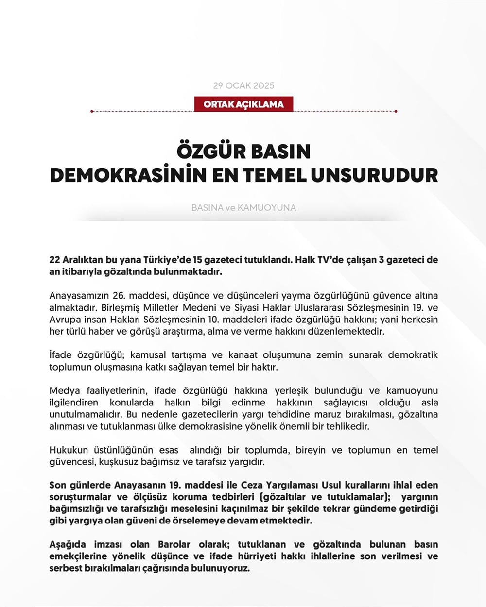 Ortak Açıklama: Özgür Basın Demokrasinin En Temel Unsurudur - 1