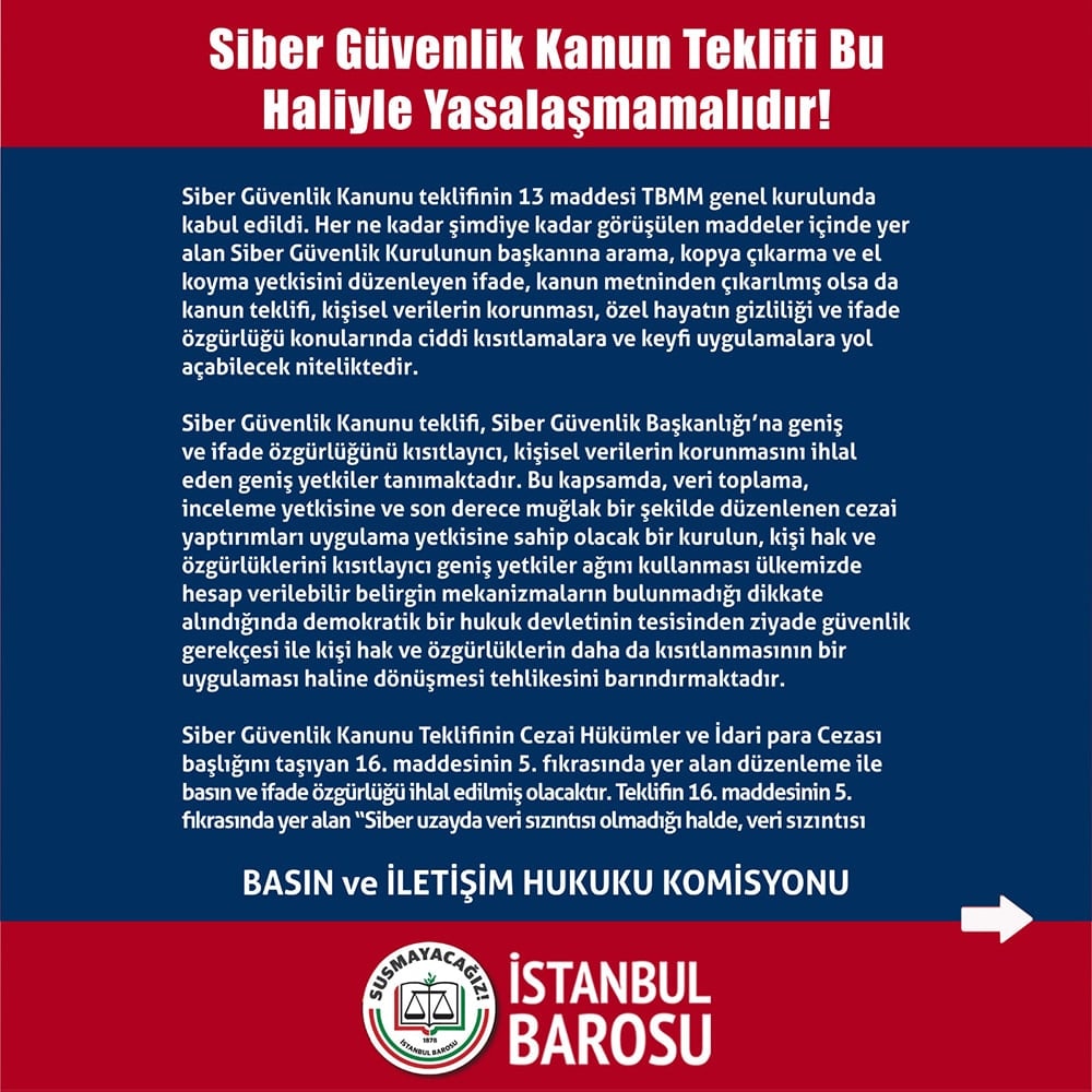 Siber Güvenlik Kanun Teklifi Bu Haliyle Yasalaşmamalıdır