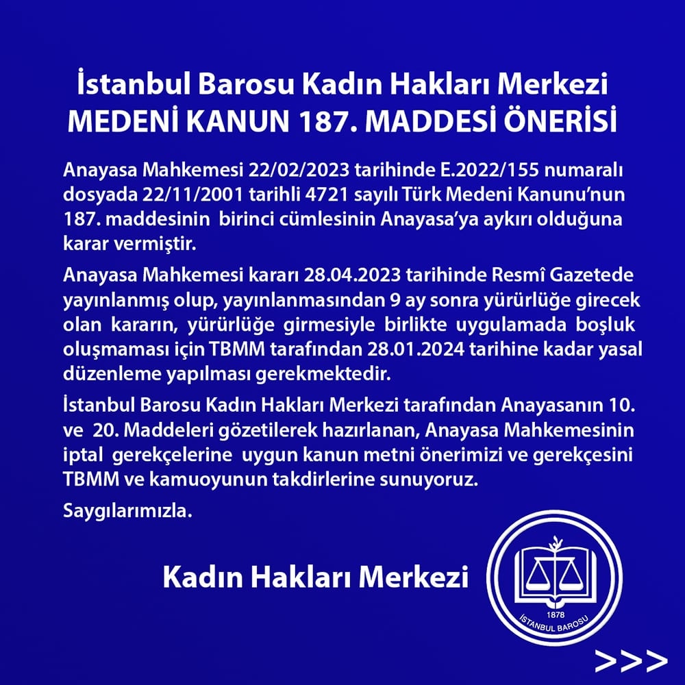 İstanbul Barosu Kadın Hakları Merkezi Medeni Kanun 187.Maddesi Önerisi