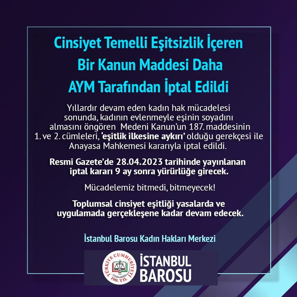 Cinsiyet Temelli Eşitsizlik İçeren Bir Kanun Maddesi Daha AYM Tarafından İptal Edildi