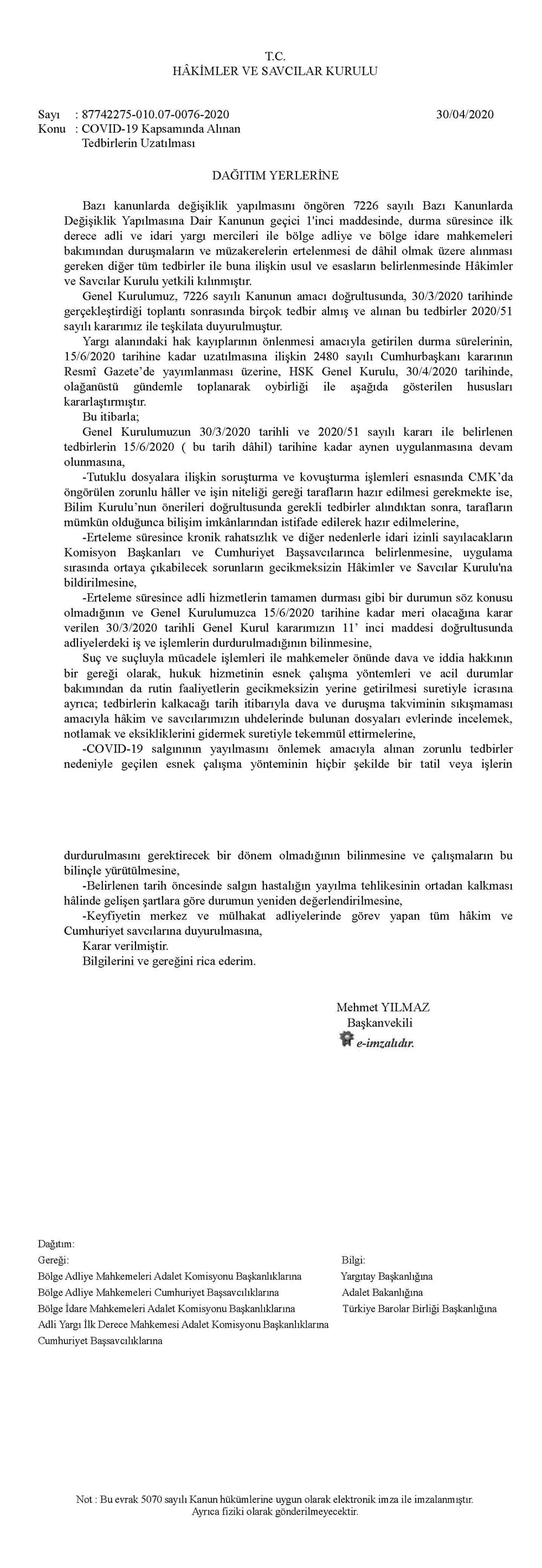 COVID-19 Kapsamında Alınan Tedbirlerin Uzatılması