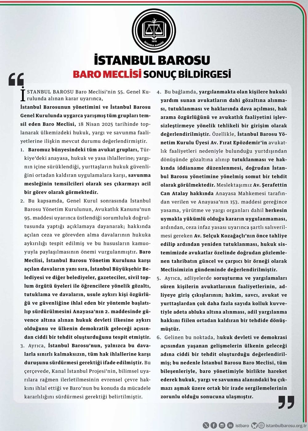 İstanbul Barosu Baro Meclisi Sonuç Bildirgesi