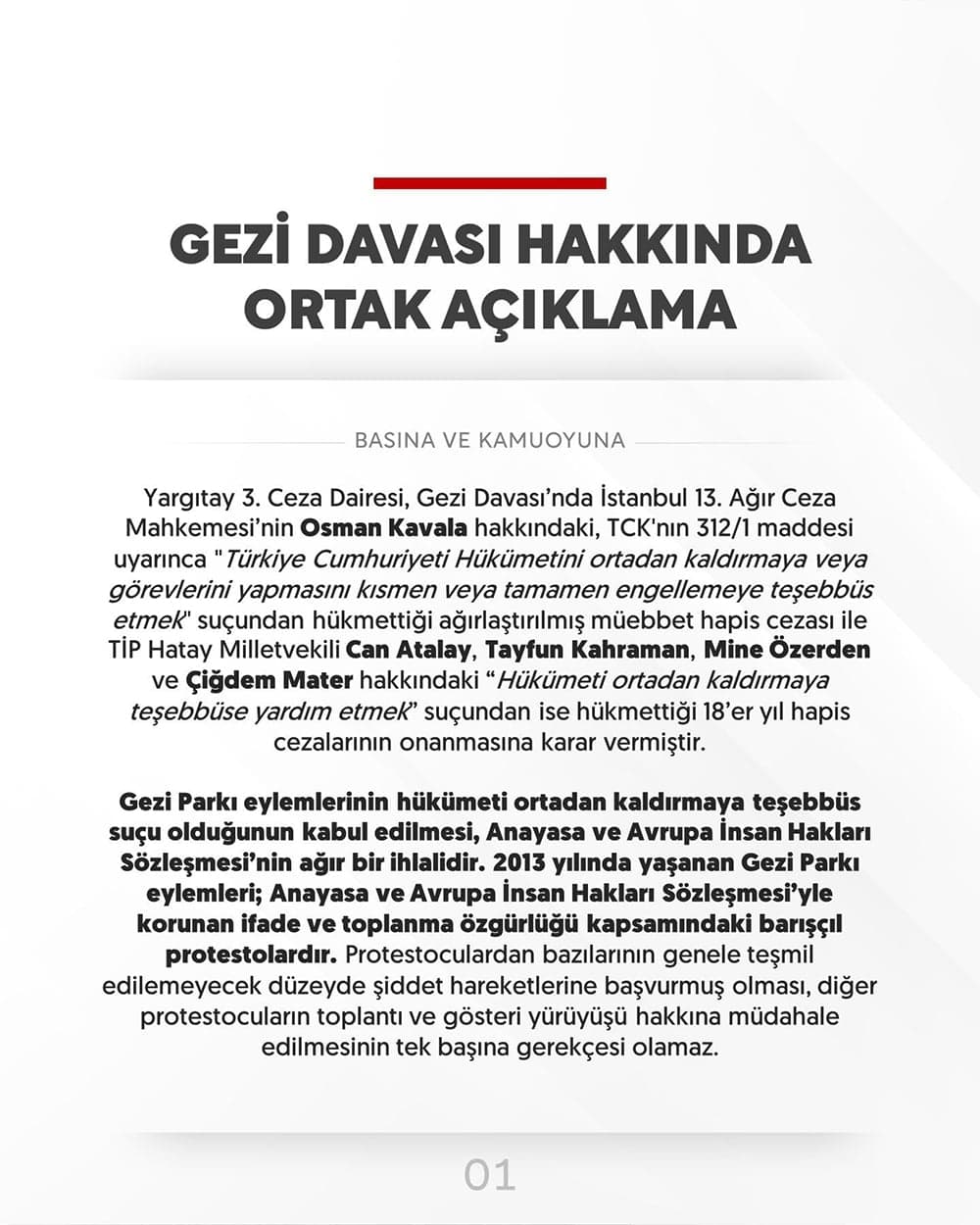 Gezi Davası Hakkında Ortak Açıklama