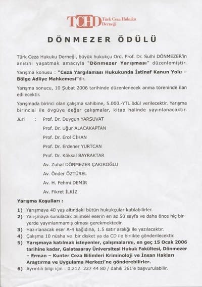 Türk Ceza Hukuku Derneğinden
Dönmezer Ödülü
