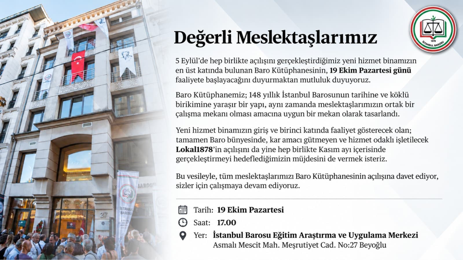 İSTANBUL BAROSU KÜTÜPHANESİ 19 EKİM’DE HİZMETE AÇILIYOR
